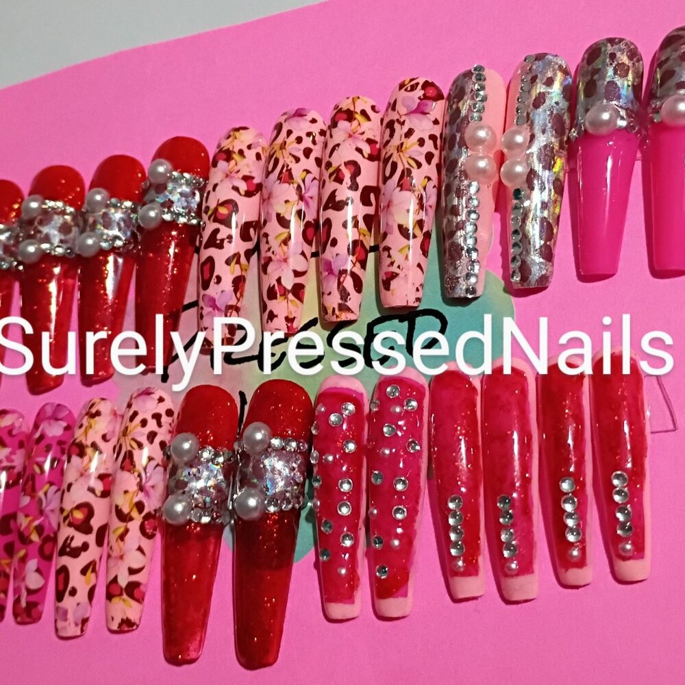 Handmade 2XL Ballerina Press-On Nails, Red & Pink Shimmer with Floral Animal